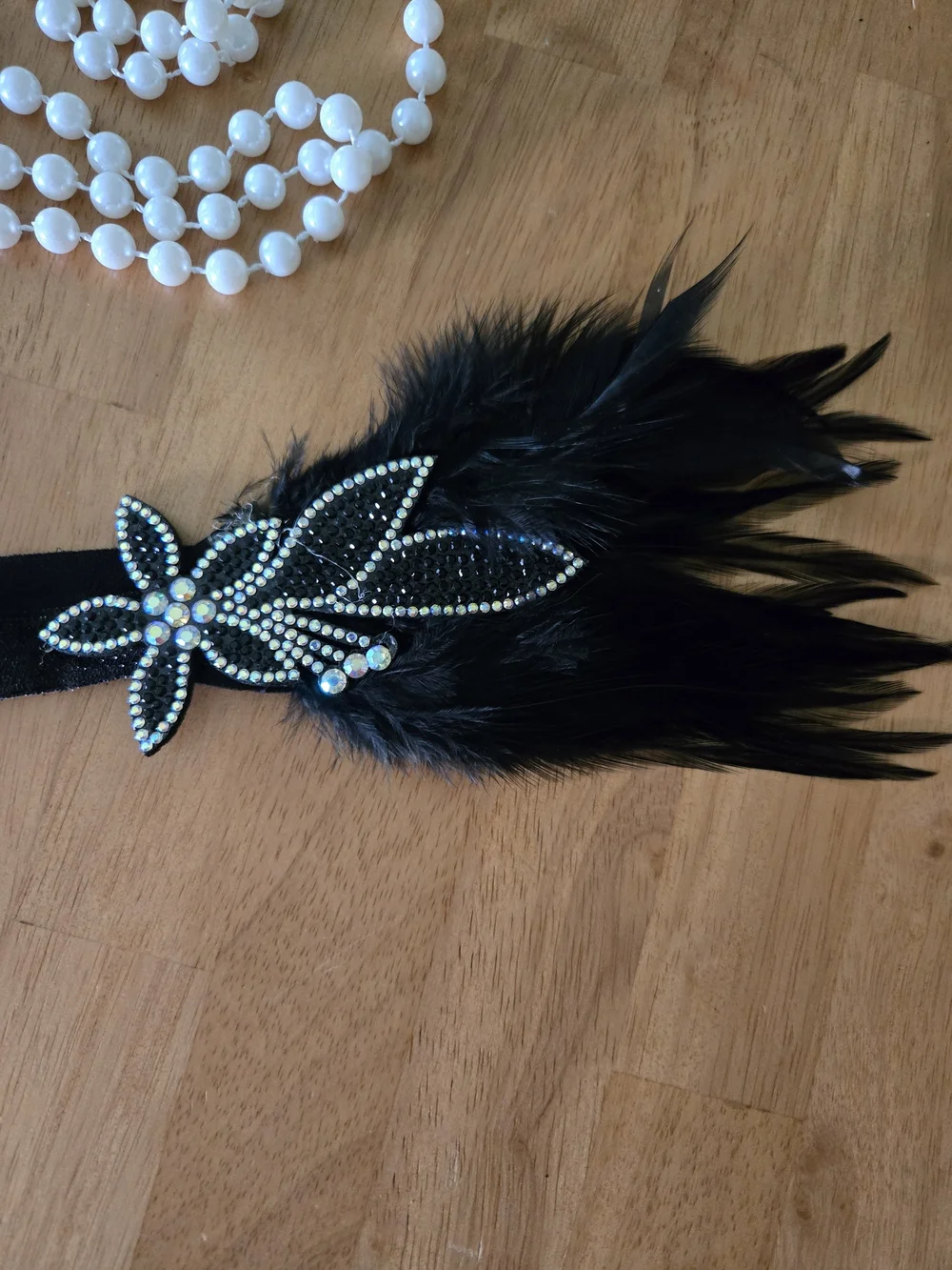 Black Feather & Rhinestone Flapper Headband with White Costume Pearl Bead Strand